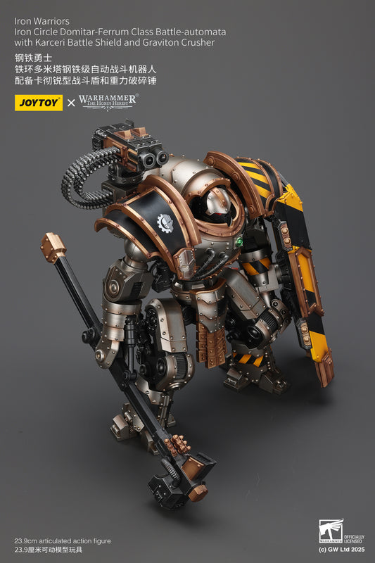 (Pre-Order) JOY TOY Warhammer The Horus Heresy Iron Warriors Iron Circle Domitar-Ferrum Class Battle-automata  with Karceri Battle Shield and Graviton Crusher