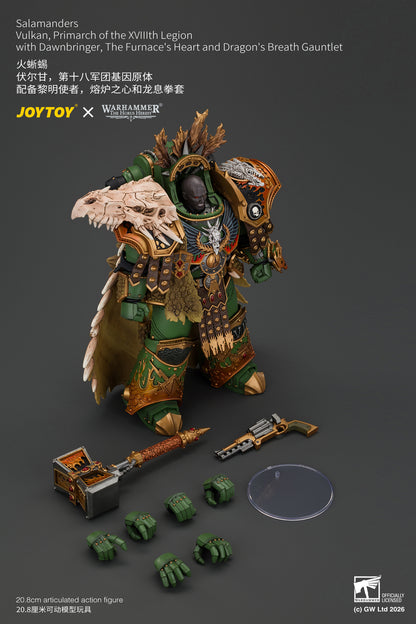 (Pre-Order) Warhammer The Horus Heresy Salamanders Vulkan, Primarch of the XVlllth Legion with Dawnbringer, The Furnace's Heart and Dragon's Breath Gauntlet