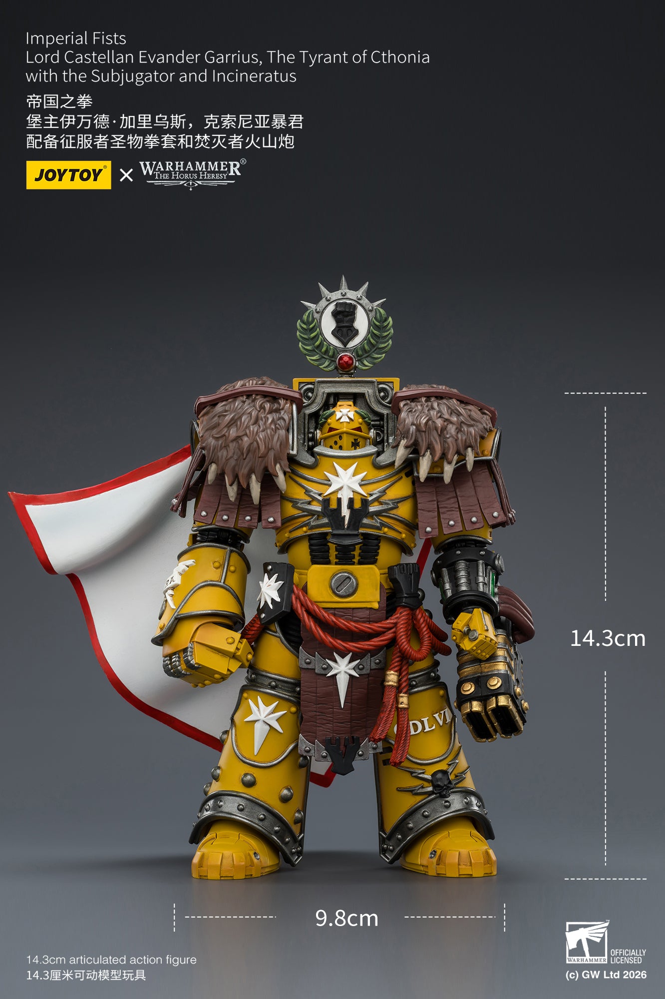 (Pre-Order) Warhammer The Horus Heresy Imperial Fists Lord Castellan Evander Garrius, The Tyrant of Cthonia with the Subjugator and Incineratus