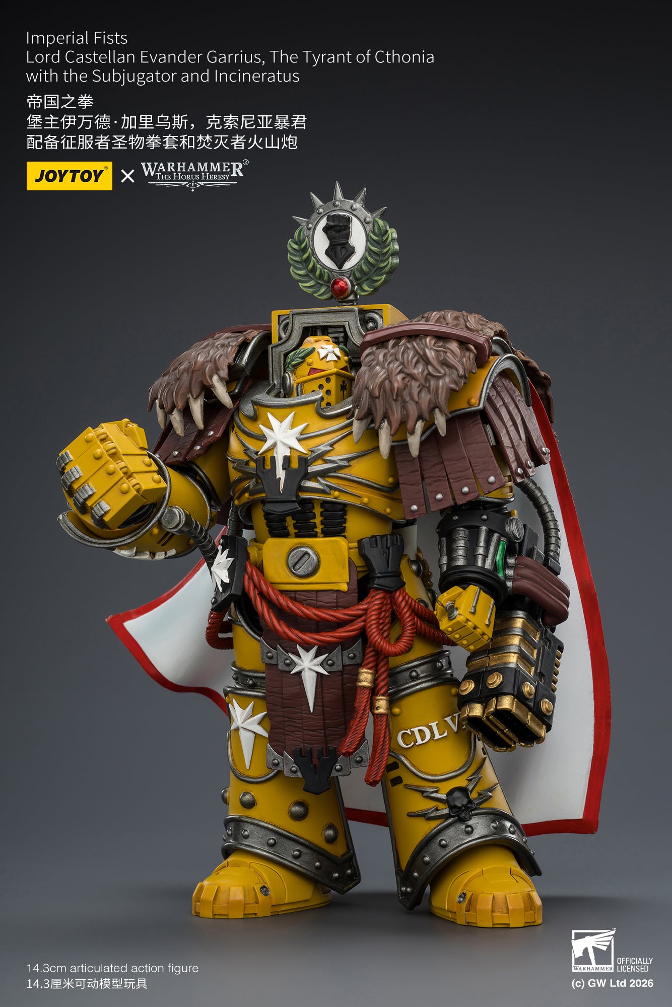 (Pre-Order) Warhammer The Horus Heresy Imperial Fists Lord Castellan Evander Garrius, The Tyrant of Cthonia with the Subjugator and Incineratus