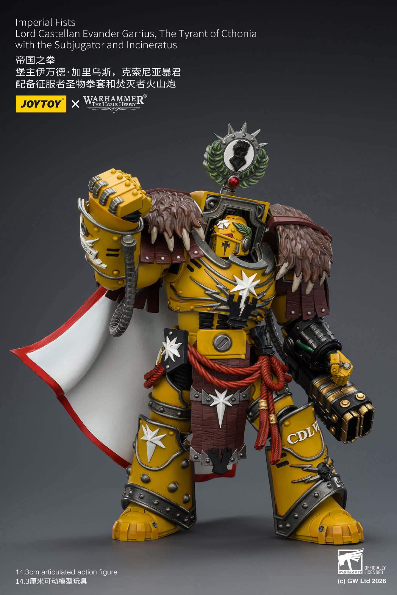 (Pre-Order) Warhammer The Horus Heresy Imperial Fists Lord Castellan Evander Garrius, The Tyrant of Cthonia with the Subjugator and Incineratus