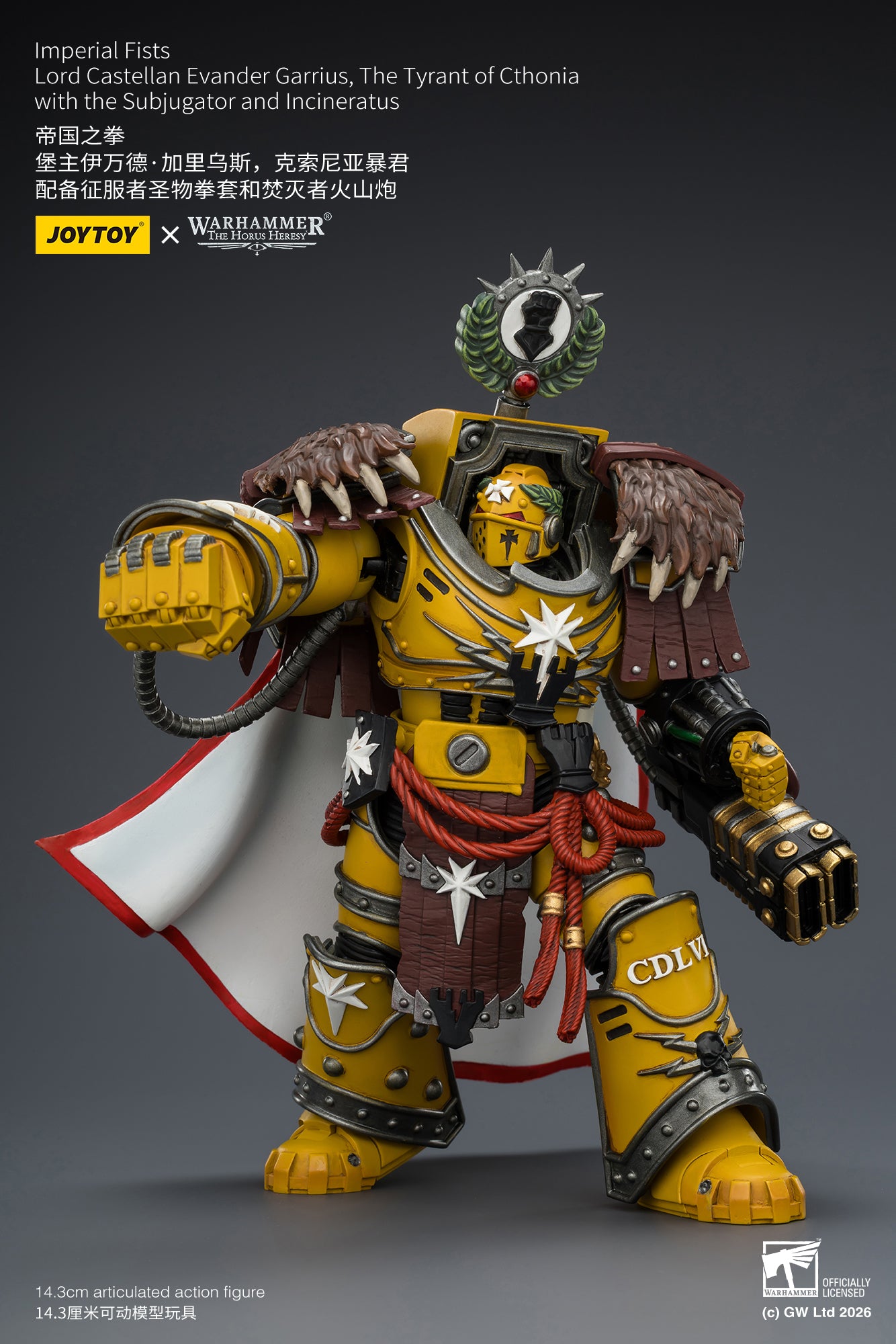 (Pre-Order) Warhammer The Horus Heresy Imperial Fists Lord Castellan Evander Garrius, The Tyrant of Cthonia with the Subjugator and Incineratus