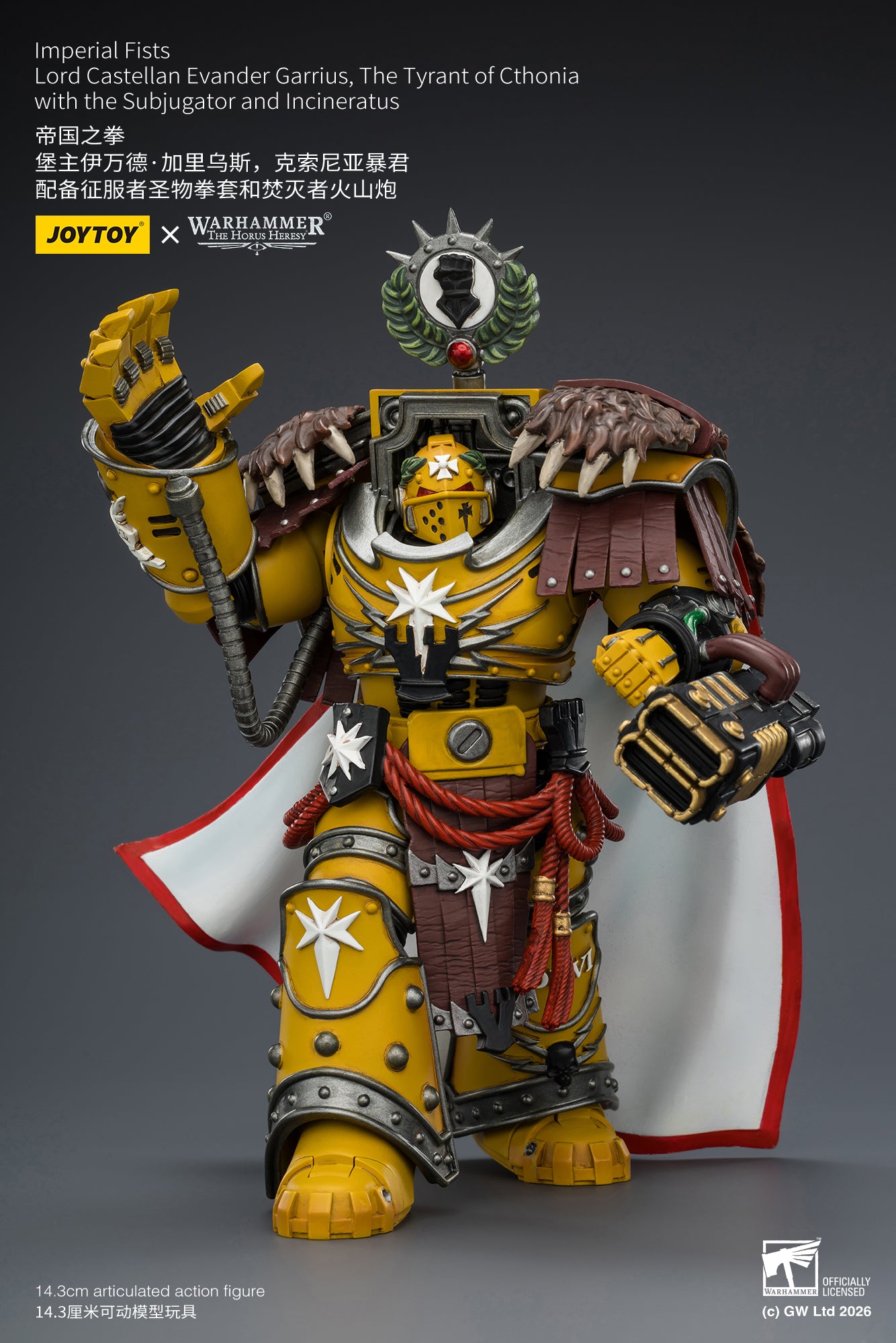 (Pre-Order) Warhammer The Horus Heresy Imperial Fists Lord Castellan Evander Garrius, The Tyrant of Cthonia with the Subjugator and Incineratus