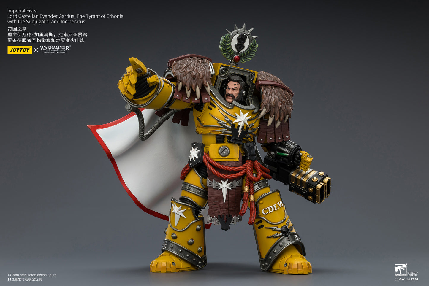 (Pre-Order) Warhammer The Horus Heresy Imperial Fists Lord Castellan Evander Garrius, The Tyrant of Cthonia with the Subjugator and Incineratus